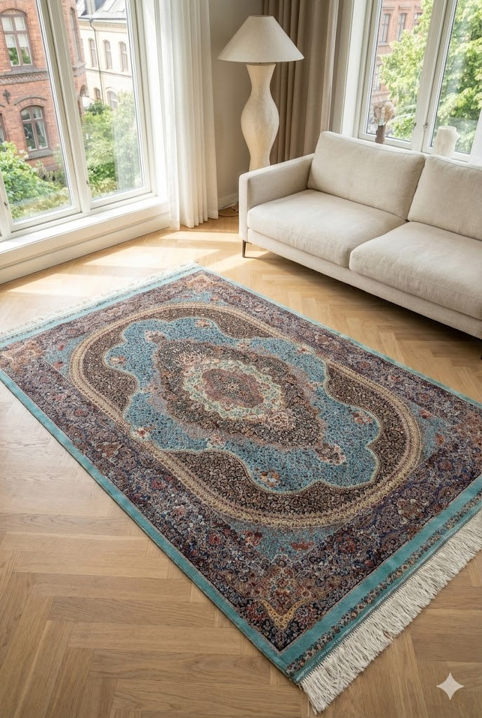 Luxury Persian Bamboo Silk Rug 120x180 cm – Robot-Woven & Hand-Knotted Edges