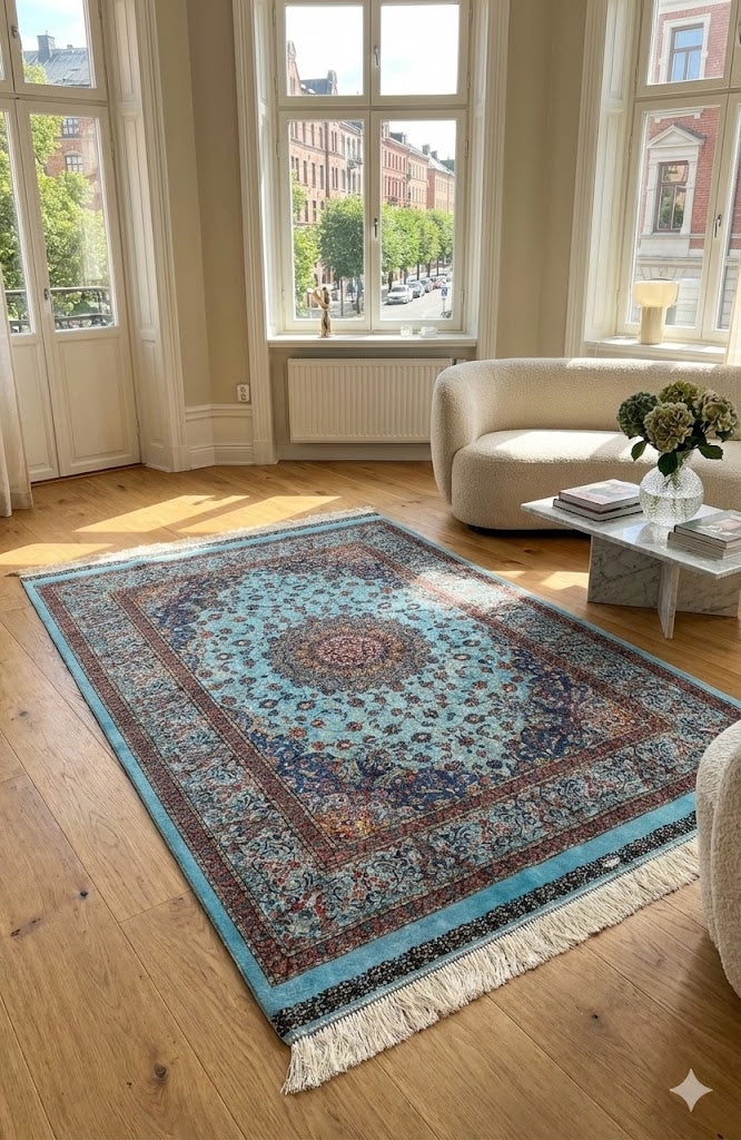 Luxury Persian Bamboo Silk Rug 120x180 cm – Robot-Woven & Hand-Knotted Edges
