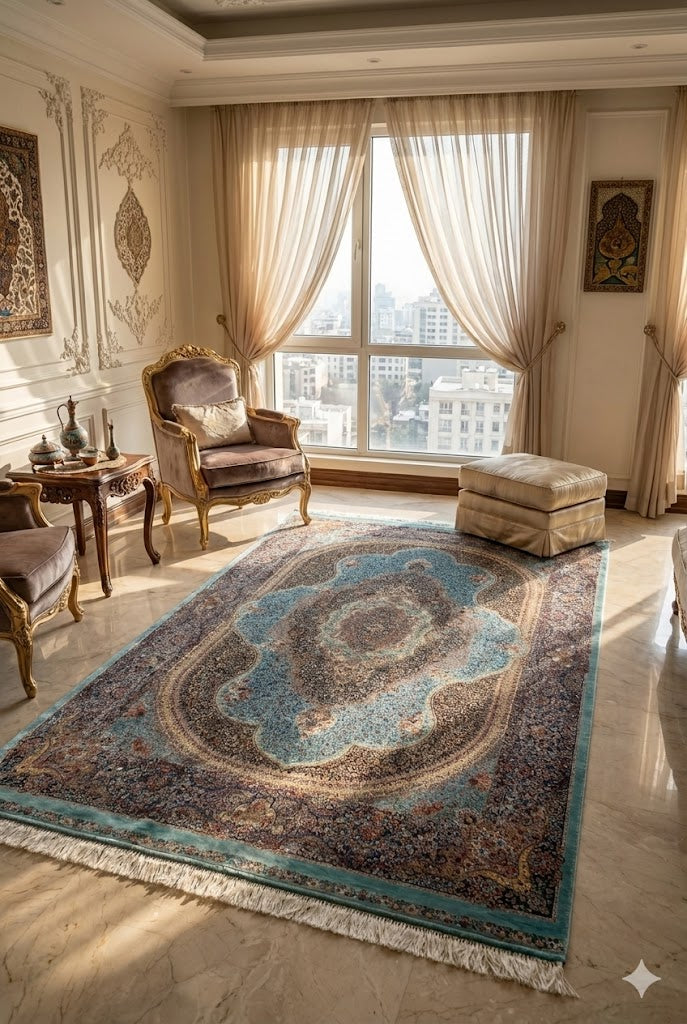 Luxury Persian Bamboo Silk Rug 120x180 cm – Robot-Woven & Hand-Knotted Edges