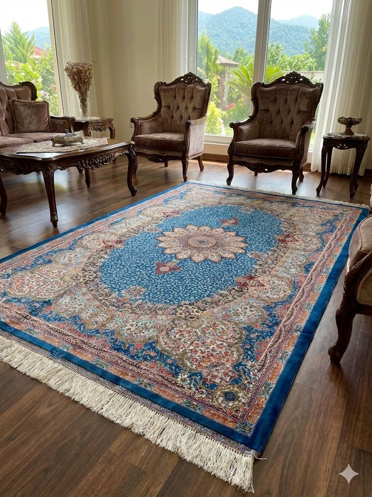 Luxury Persian Bamboo Silk Rug 120x180 cm – Robot-Woven & Hand-Knotted Edges