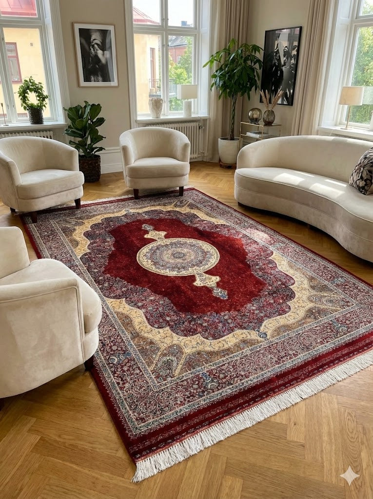 Luxury Persian Bamboo Silk Rug 120x180 cm – Robot-Woven & Hand-Knotted Edges