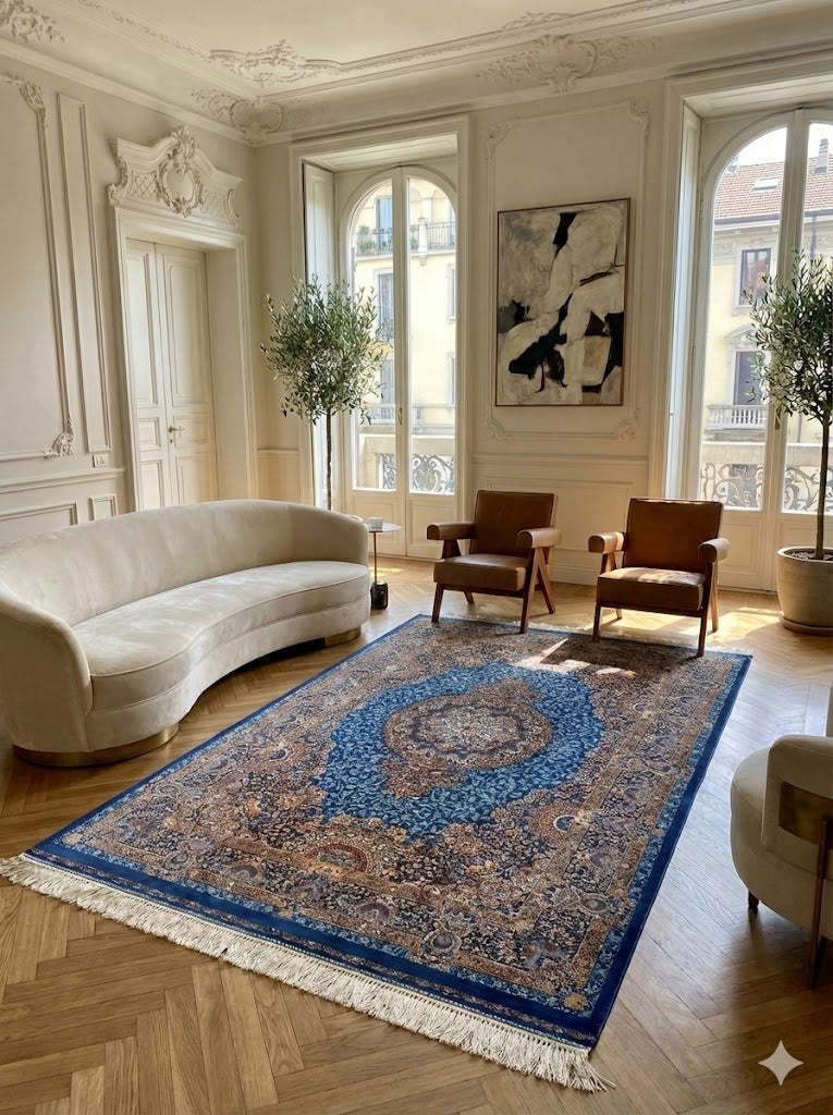 Luxury Persian Bamboo Silk Rug 120x180 cm – Robot-Woven & Hand-Knotted Edges