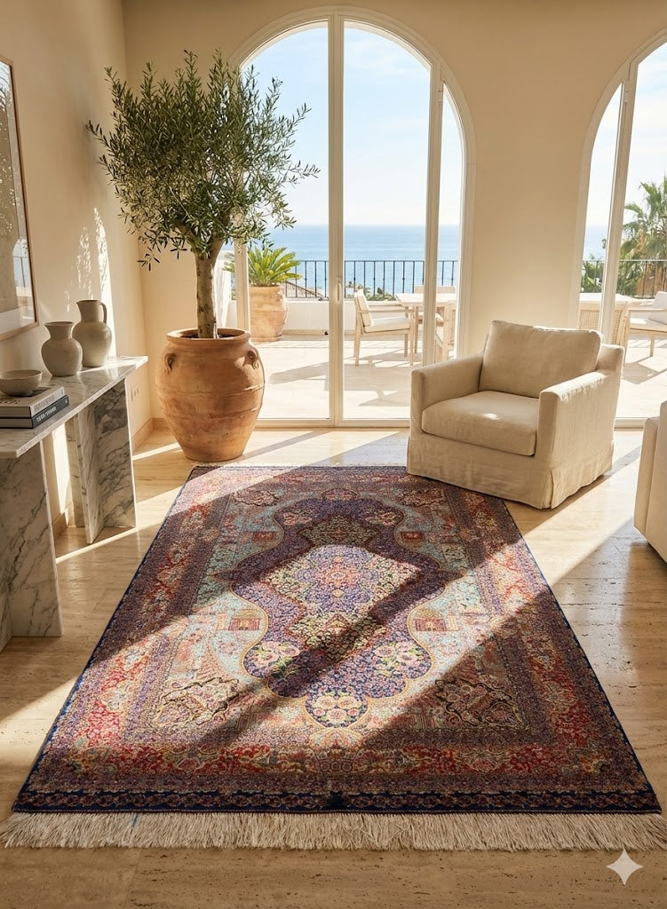 Luxury Persian Bamboo Silk Rug 100x150 cm – Robot-Woven & Hand-Knotted Edges