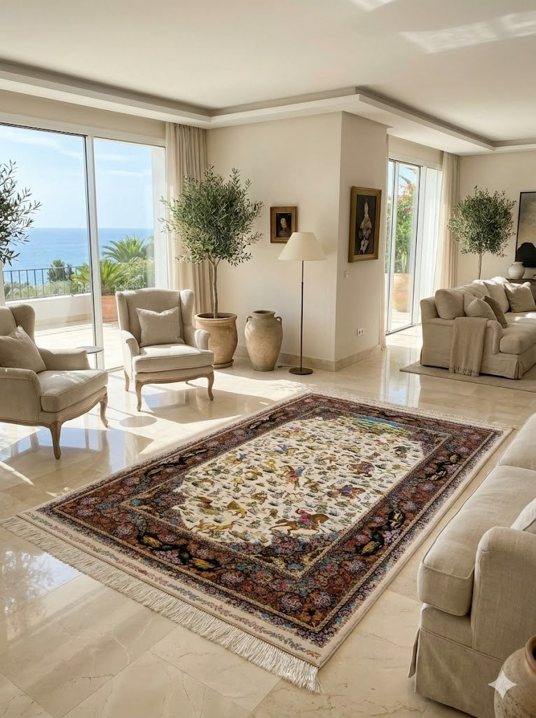 Luxury Persian Bamboo Silk Rug 100x150 cm – Robot-Woven & Hand-Knotted Edges