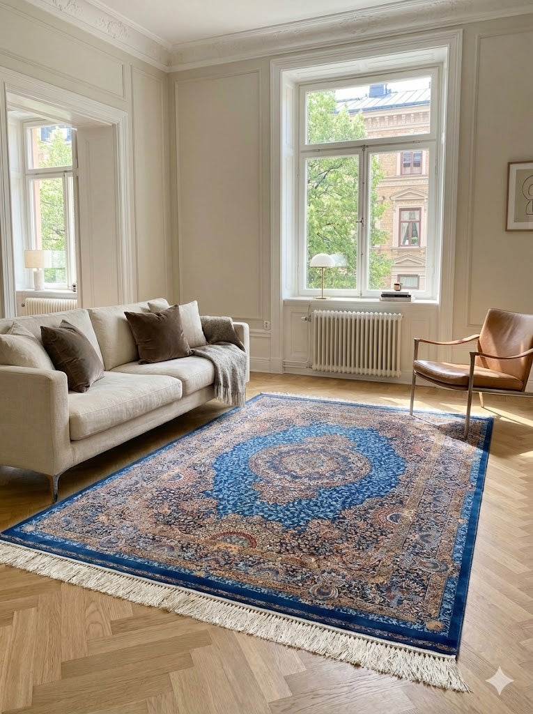 Luxury Persian Bamboo Silk Rug 120x180 cm – Robot-Woven & Hand-Knotted Edges