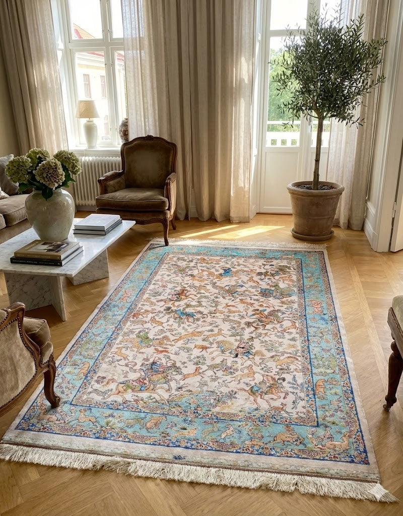 Luxury Persian Bamboo Silk Rug 120x180 cm – Robot-Woven & Hand-Knotted Edges