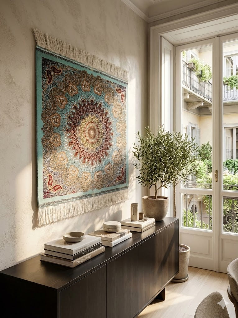 Luxury Persian Bamboo Silk Rug Wall Art Rug 70x70 cm – Robot-Woven & Hand-Knotted Edges