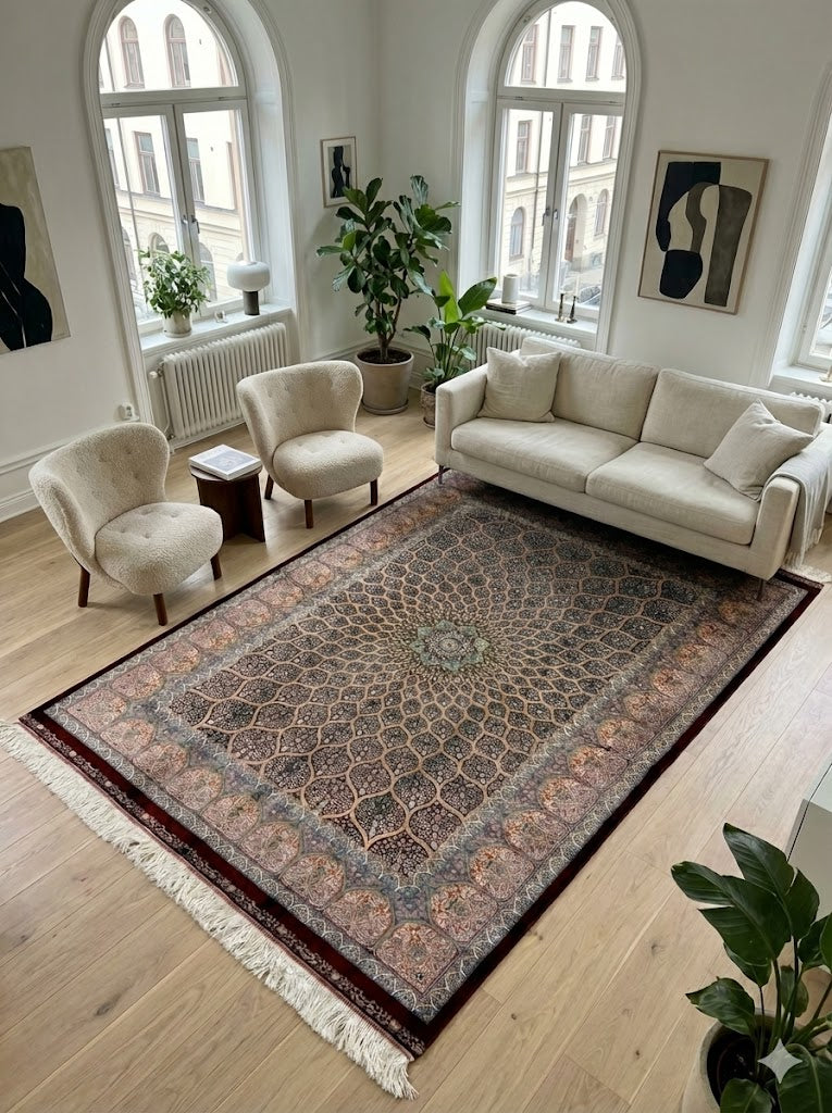 Luxury Persian Bamboo Silk Rug 120x180 cm – Robot-Woven & Hand-Knotted Edges