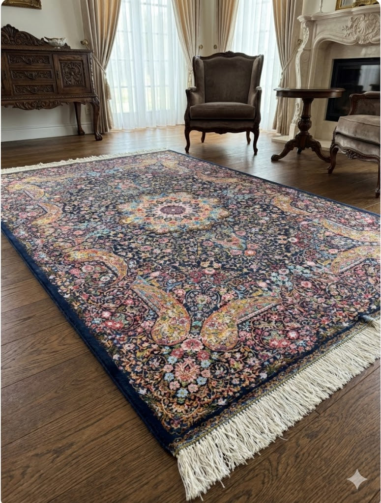 Luxury Persian Bamboo Silk Rug 100x150 cm – Robot-Woven & Hand-Knotted Edges