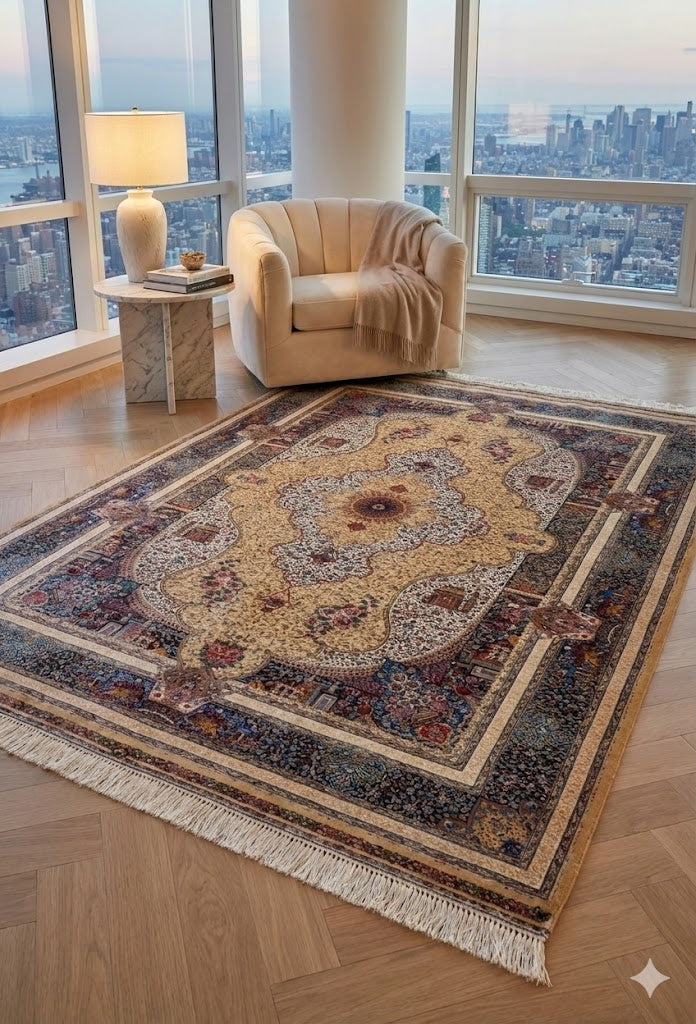 Luxury Persian Bamboo Silk Rug 150x225 cm – Robot-Woven & Hand-Knotted Edges